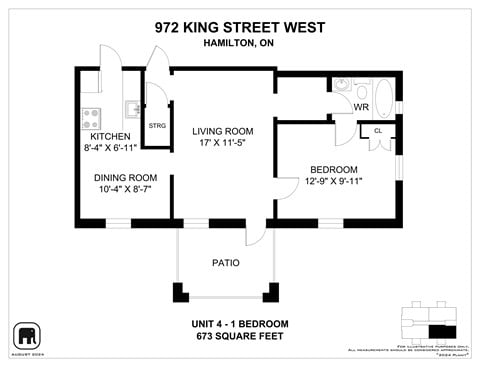 Floor plan for 1 bed, 1 bath, 649 sqft